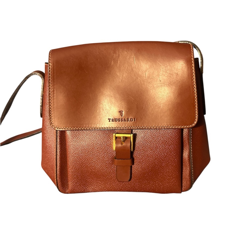 Trussardi burgundy brown Leather Crossbody Bag with Gold Buckle like new